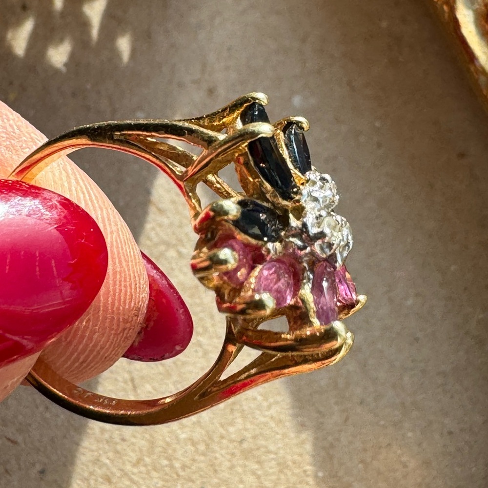 14K Yellow Gold, Pink and Blue Sapphires and Diamonds Ring 4.2g - Picture 11 of 14